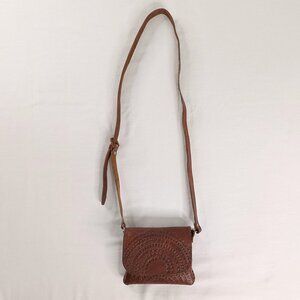 Retro Brown Tan Tooled Leather Handmade Crossbody Purse